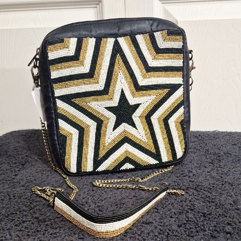Jane Marie "Shoot For The Stars" Beaded Satin Crossbody Bag - Black Gold White